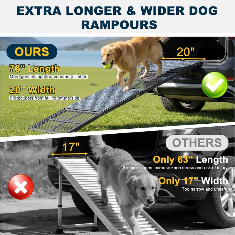 DoCred Dog Ramp for Car, 76" L x 20" W Dog Ramps for Large Dogs, Extra Wide Pet Ramp with Non-Slip Surface for Medium & Large Dogs to Get in Car, SUV & Truck, Supports Up to 350 Lbs - Image 3